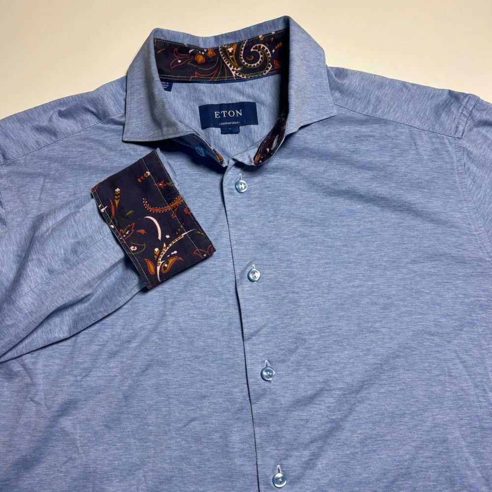 Eton Blue Stretch Jersey Shirt Contemporary Fit Men L Flip cuff Paisley Contrast - Picture 3 of 8